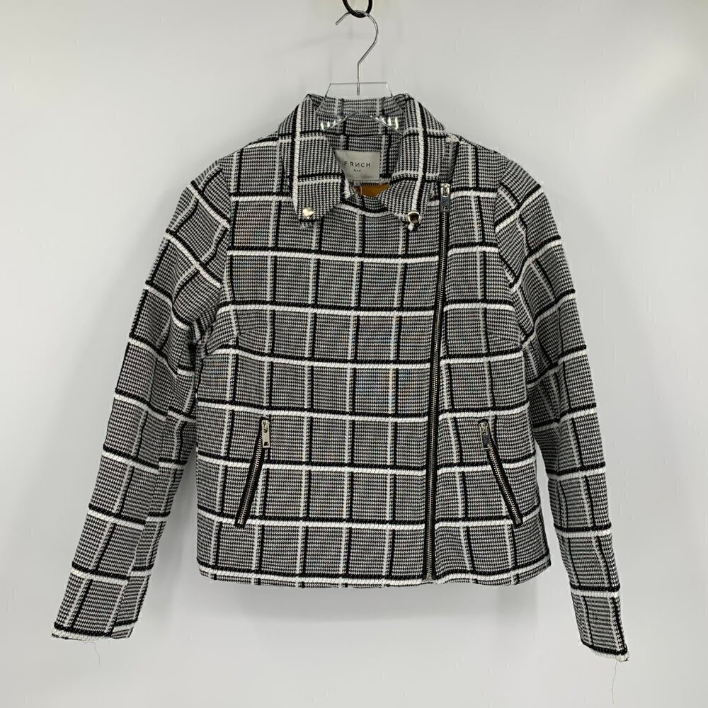 FRNCH plaid moto blazer jacket Glen check black white gray grey new Small